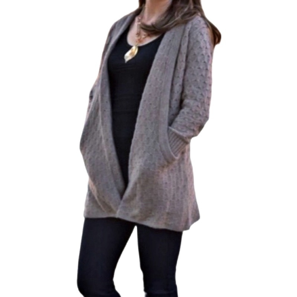 BRIXON IVY Lesley Cable Knit Open Cardigan Sweater Medium Gray Classic Preppy
